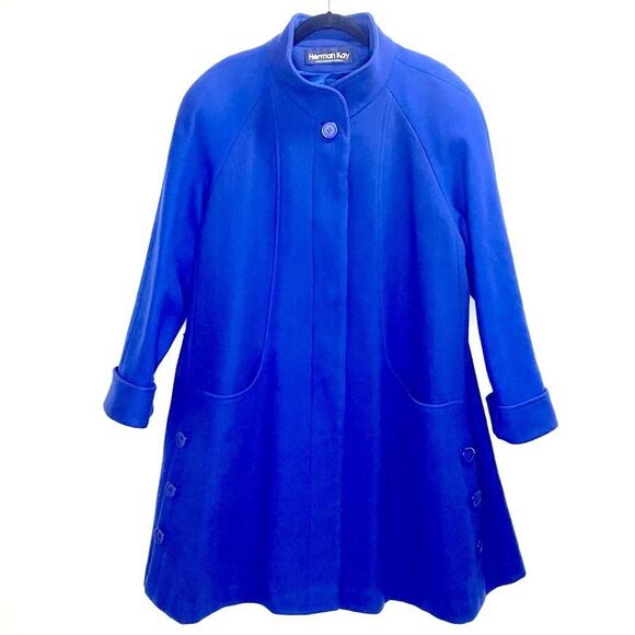 Vintage Herman Kay Cobalt Royal Blue Virgin Wool Swing Coat Size 10 - Picture 1 of 9